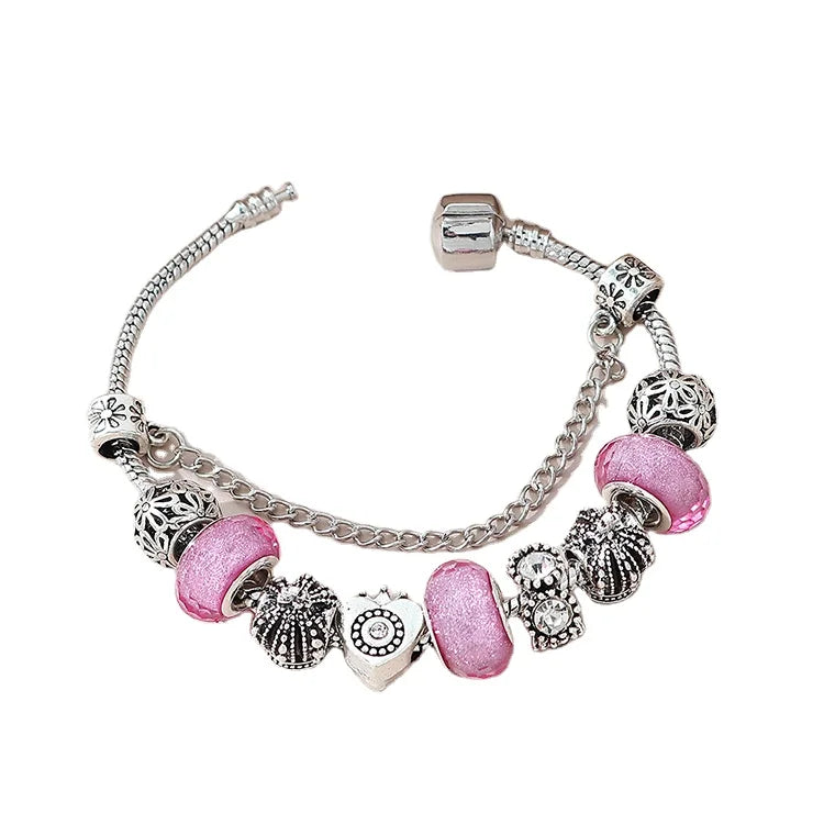 Fashion Luxury Bangles Women Silver Charm Bead Crystal Flower Heart Bracelets Pulsera Punk Zirconia Bracelet Jewelry