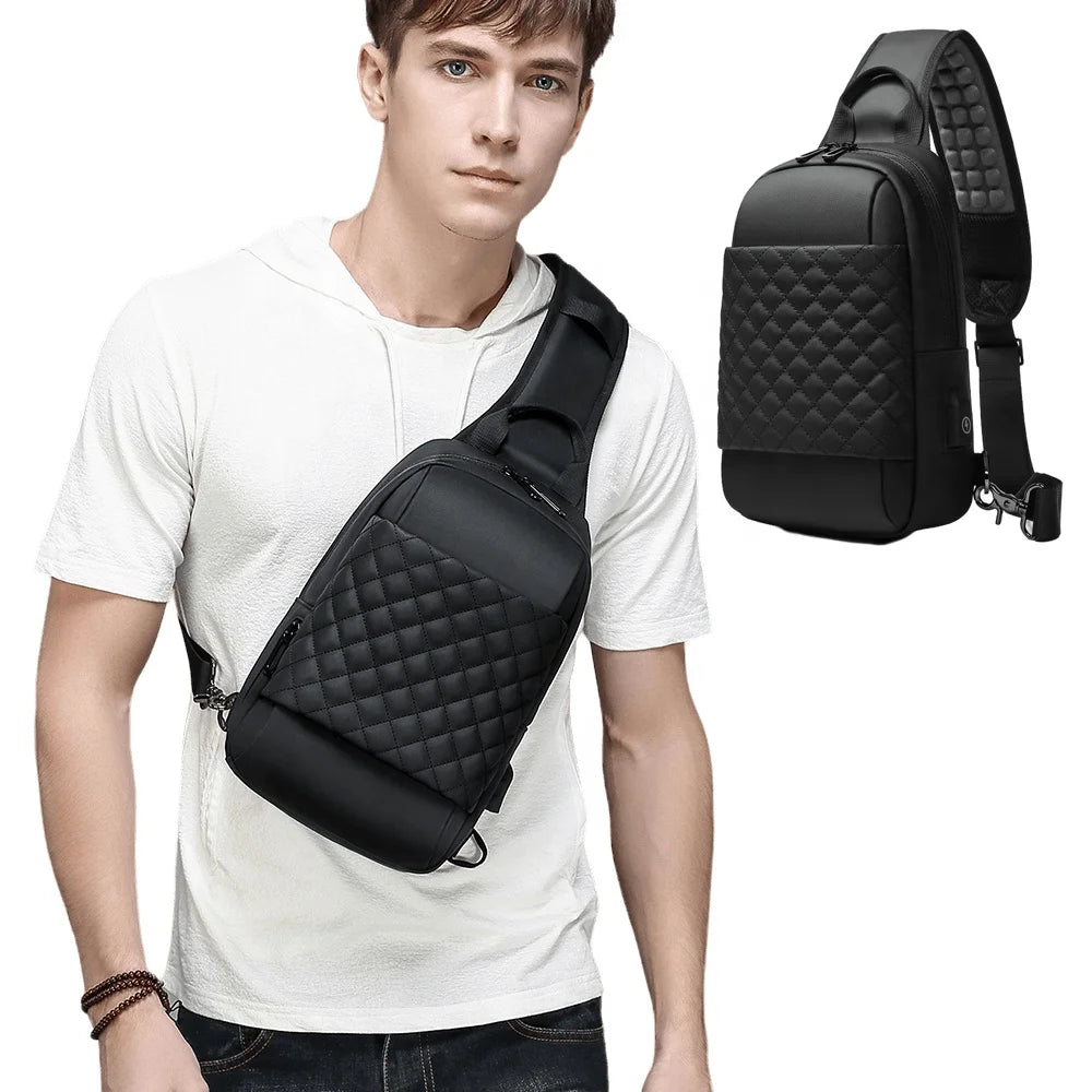 Factory Custom Logo Embroidery Mens Shoulder Bag for 7.9in Tablet Black Cross-Body Chest Sling Pack USB Charging Port Fashion