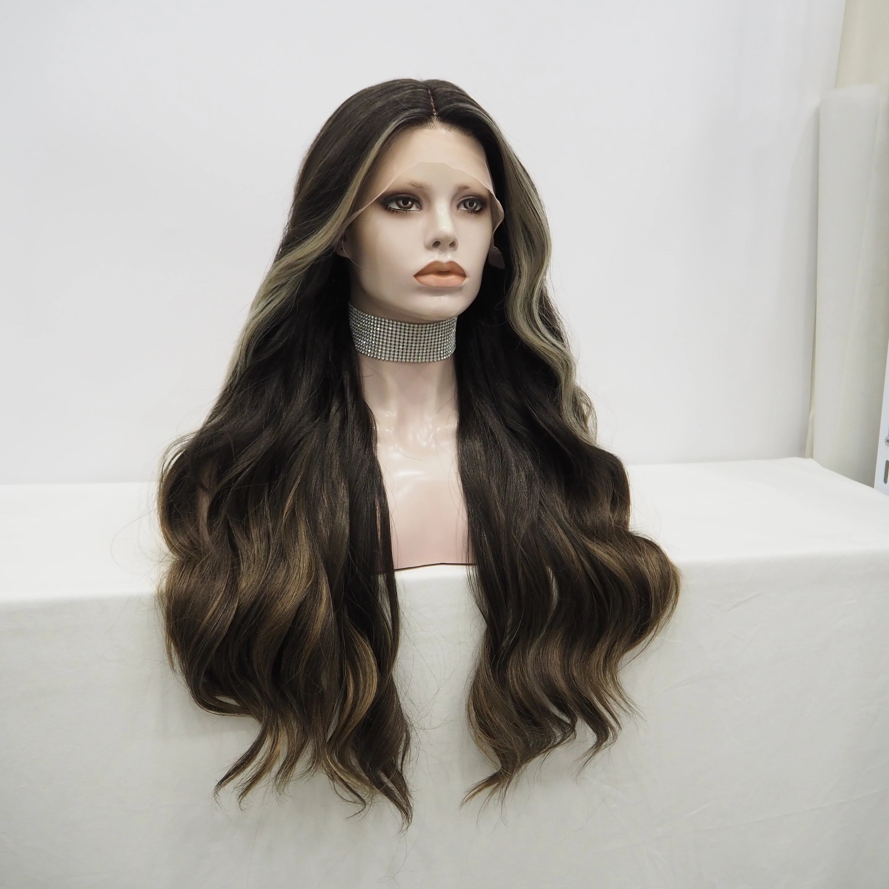 Ombre Brown Dark Root Premium Synthetic Wigs Wholesale Not Shiny Matte Luxury Heat Resistant Synthetic Lace Front Wig for Women