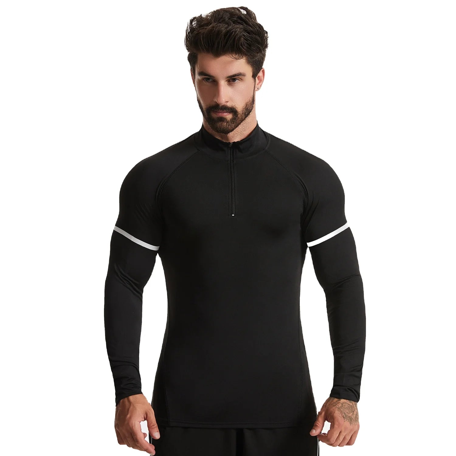 Men's Solid Casual Blank Long Sleeve Half Zip Compression Gym Fitness Sport T-Shirt Knitted Fabric Quick Dry Breathable for