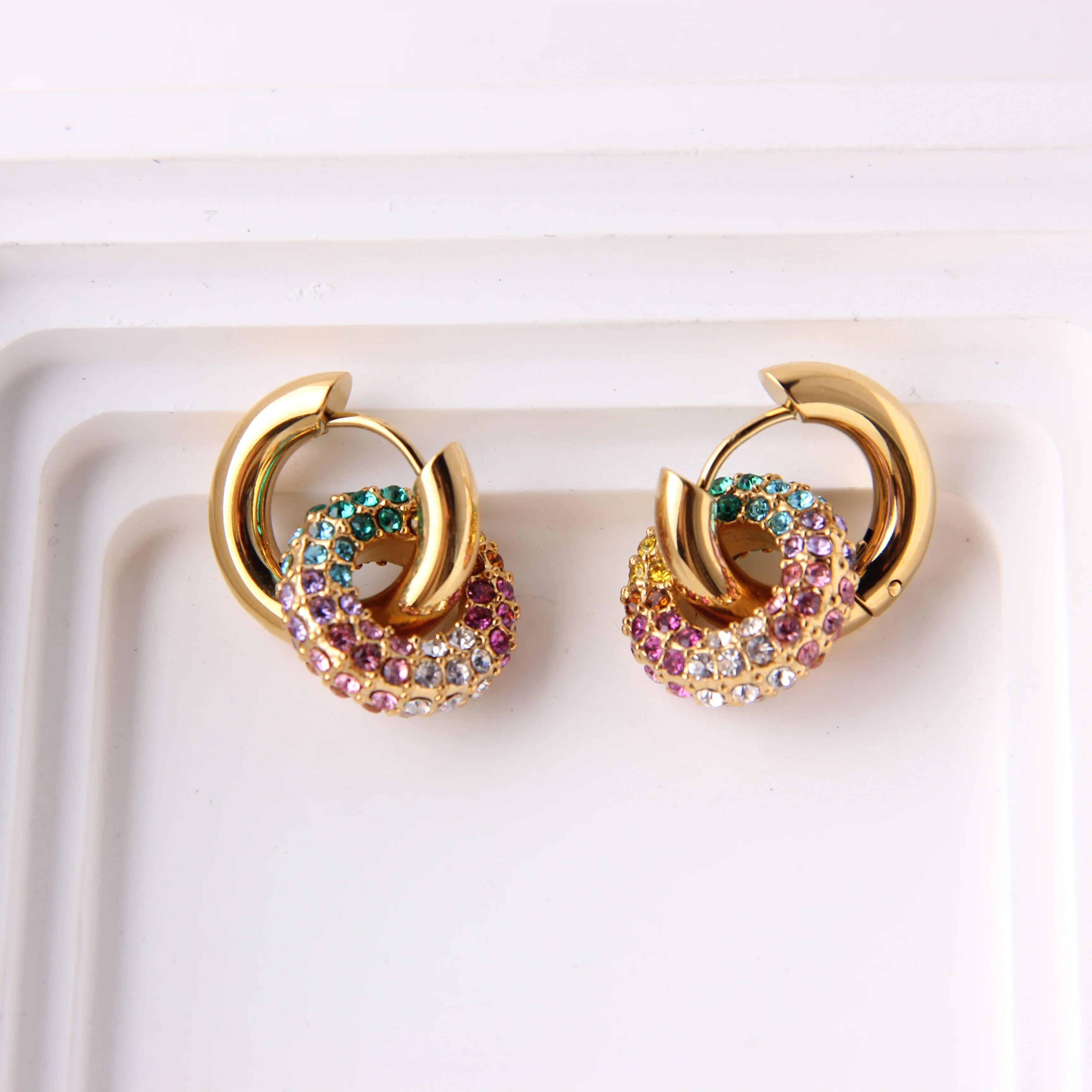 Waterproof 18k Gold Plated Stainless Steel Gift Colorful Cubic Zirconia Hoop Earrings for Women