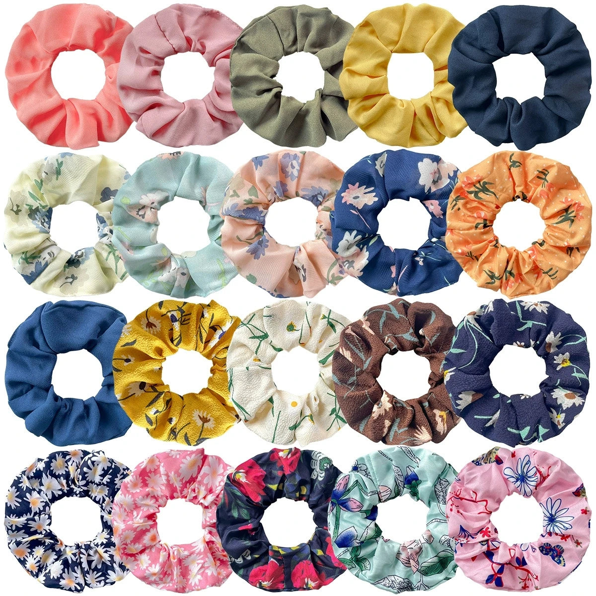 20Pcs Floral Hair Scrunchies Women Solid Chiffon Hair Bobbles Elastics Bands Ponytail Holder Hair Accessories for VSCO Girls