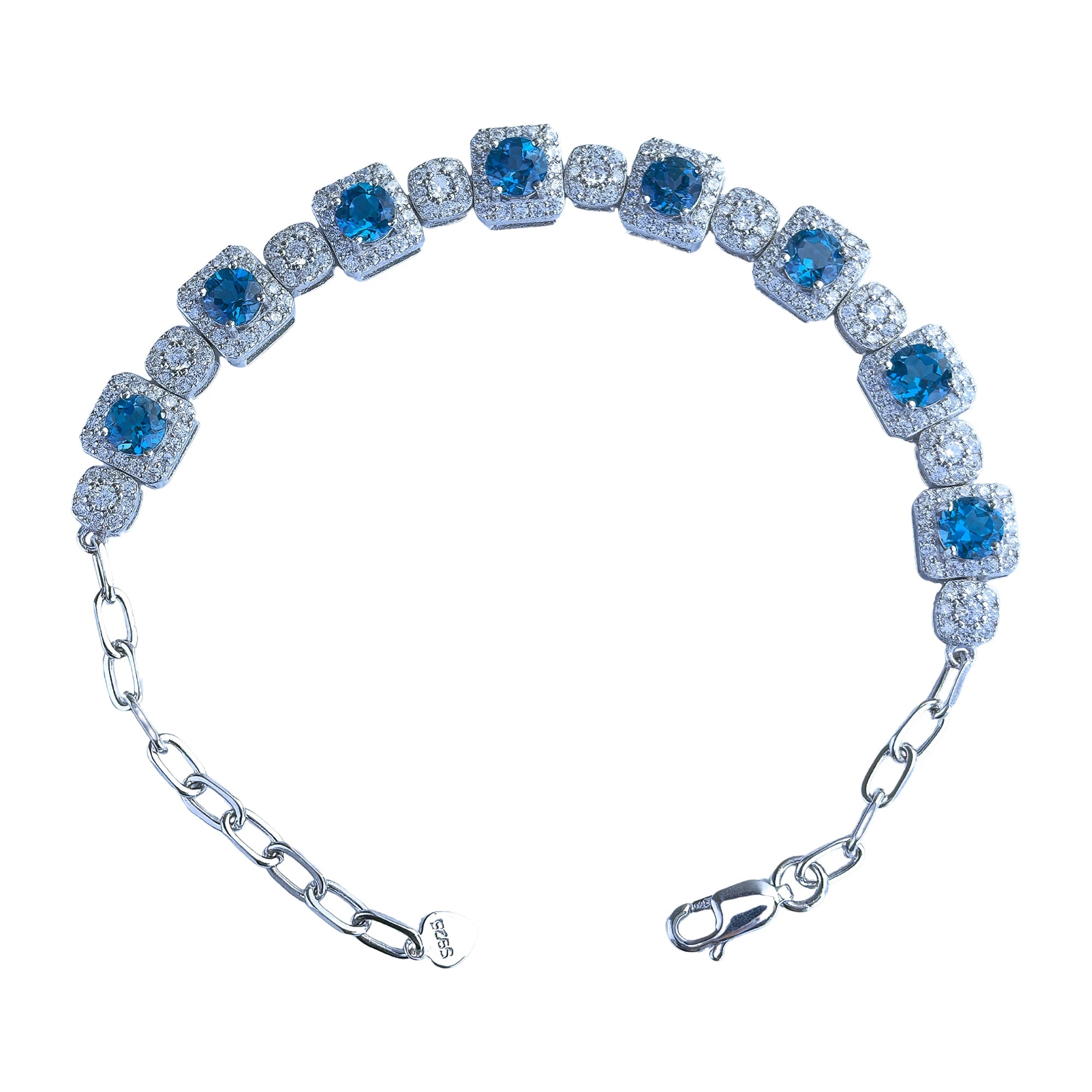 Factory Wholesale Rhodium Plated 925 Sterling Silver Round Cut Natural London Blue Topaz Bracelet for Women Anniversary Gift