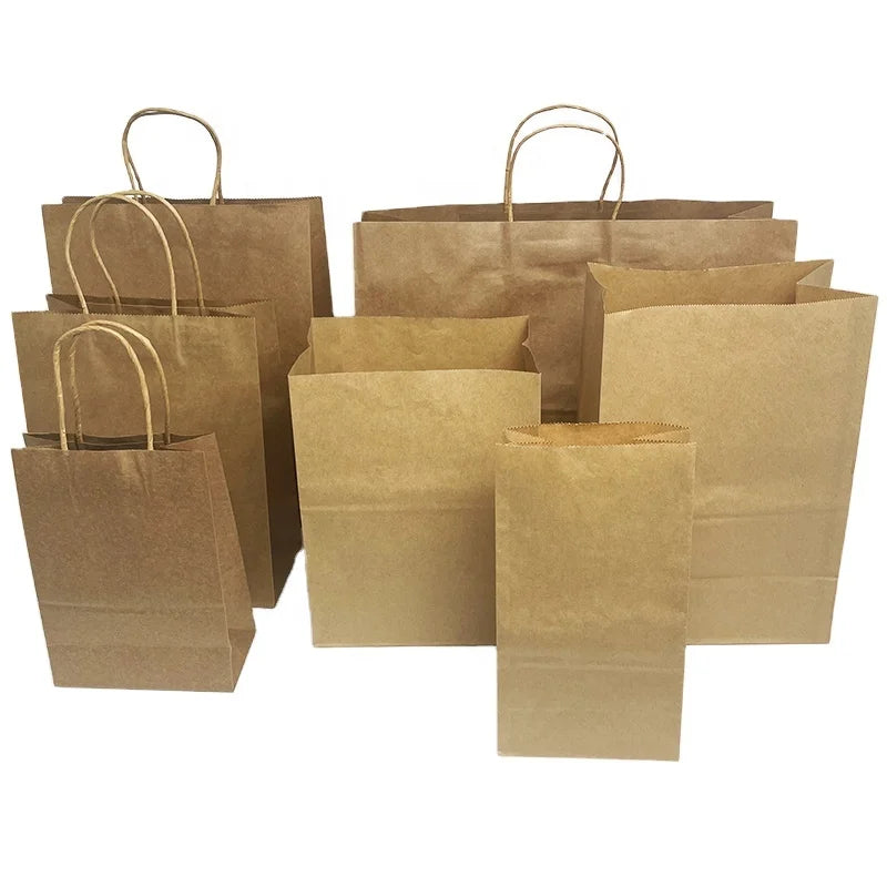 Food Delivery Take Out Packaging Bag Design logo Flat Handle Carry Brown Kraft Paper Bag