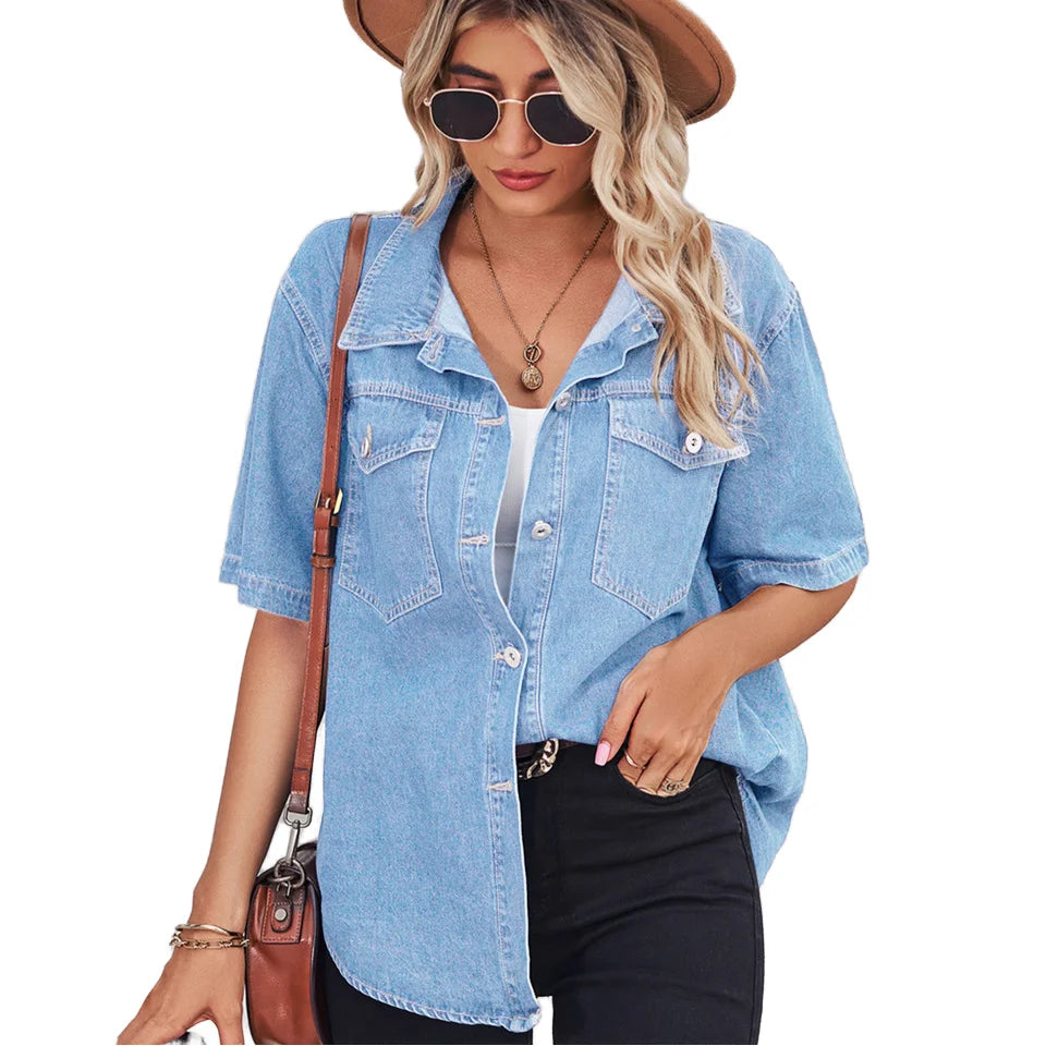 Wholesale Plain Denim Jacket New Ladies Denim Shirts Simple Design Ladies Casual Blouse