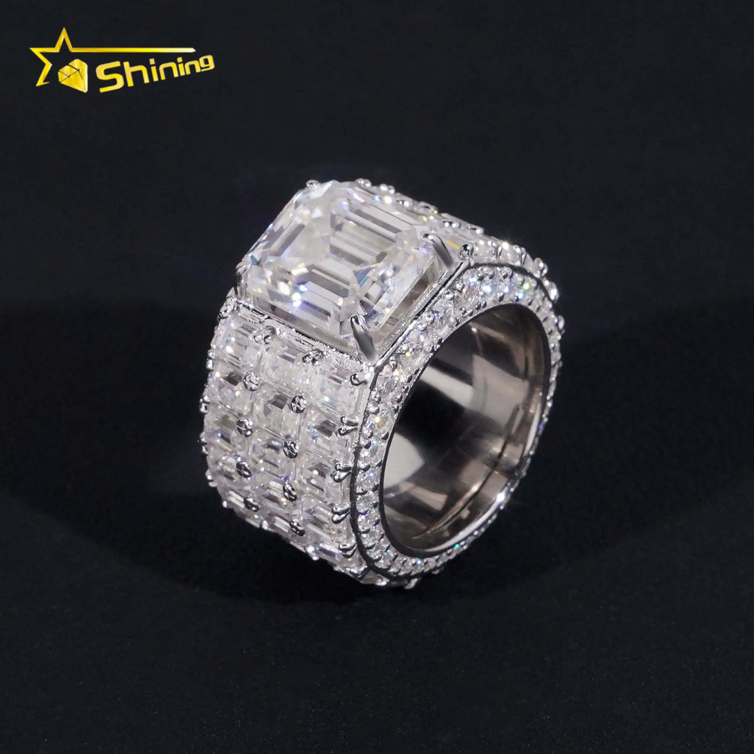 Luxury Men Ring Gold Plated Fine Jewelry Fast Shipping GRA Moissanite Emerald Cut Fully Band  925 Silver Iced Out Hip Hop Rings