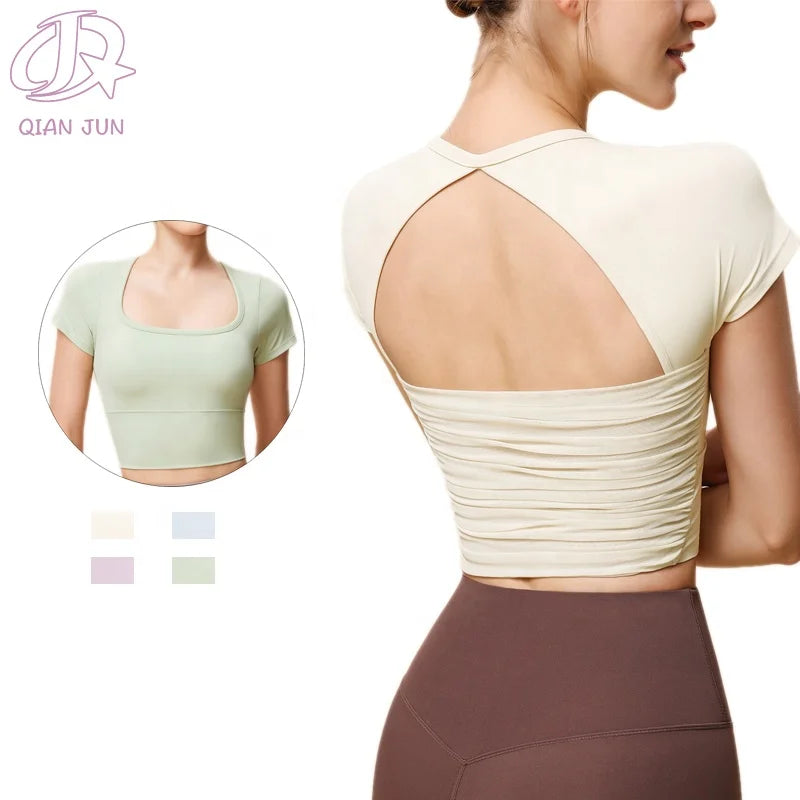 2025 New Fashion Women's Yoga Top Solid Pattern Gym Fitness Short Top Breathable Quick Dry Sportswear for Adults
