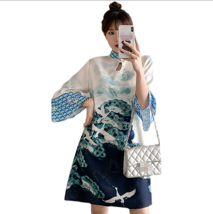 M-4XL Chinese Style Water Ink Printed Lady Temperament Dress New Spring and Summer Improved Ruyi Skirt Shows Young Cheongsam