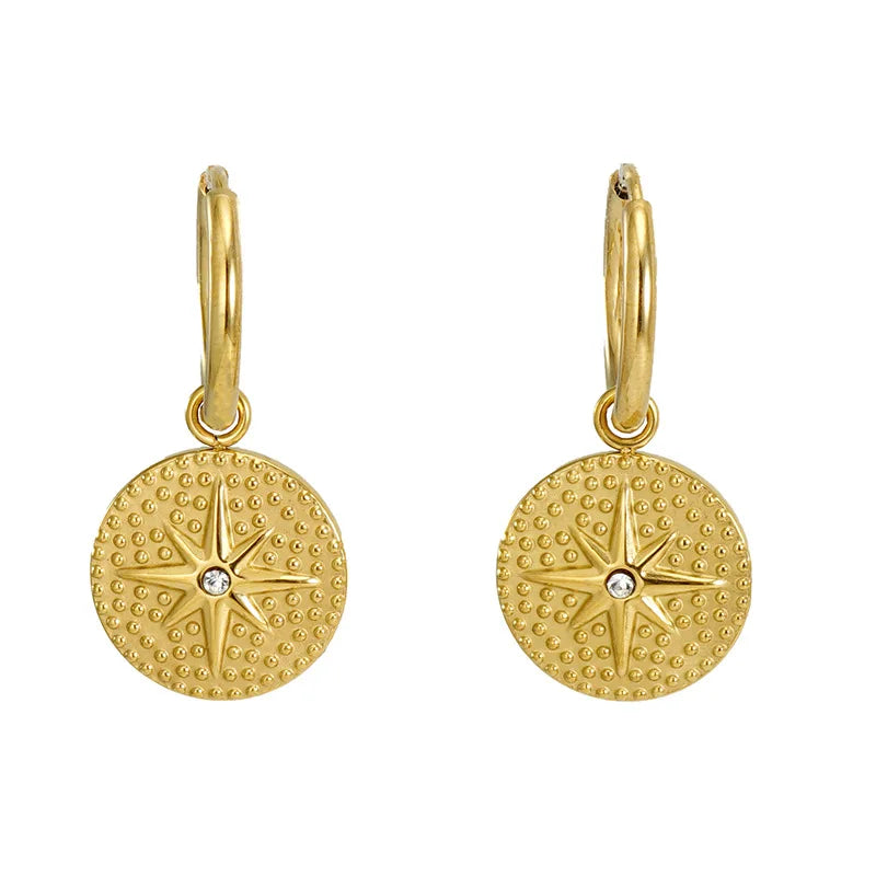 Waterproof 18K Gold Plated Stainless Steel Fashion Jewelry Eight-Pointed Star Drop Hoop Earring for Women