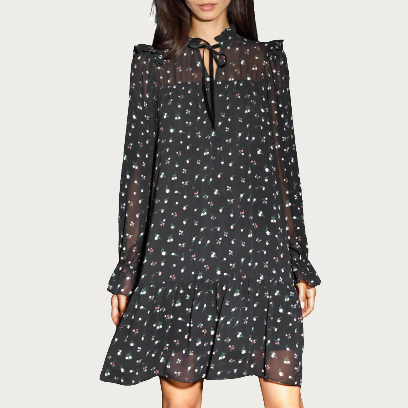 Enyami Romantic Summer Autumn Chic Elegant Chiffon Floral Printed Vestidos Casual Long Sleeve A-line Mini Dress Women