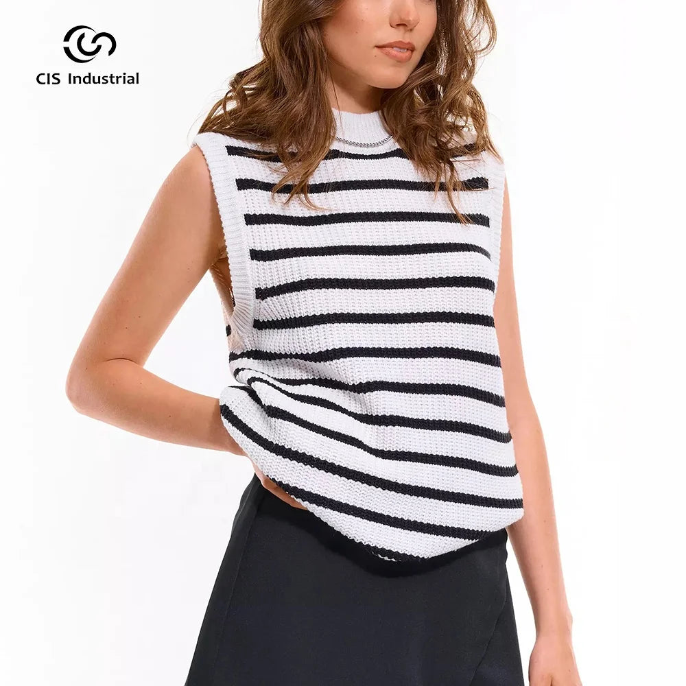 Factory Wholesale Knitwear Fashion Basic Stripe Vest for Women O Neck Sleeveless Ribbed Knitted Sweater Pullover tank Tops