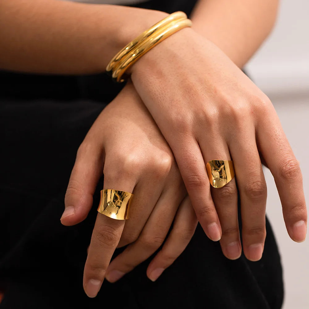 INS Metal Stainless Steel Geometric Real 18k Gold Plated Wide Open Ring Statement Trendy Wholesale Jewelry
