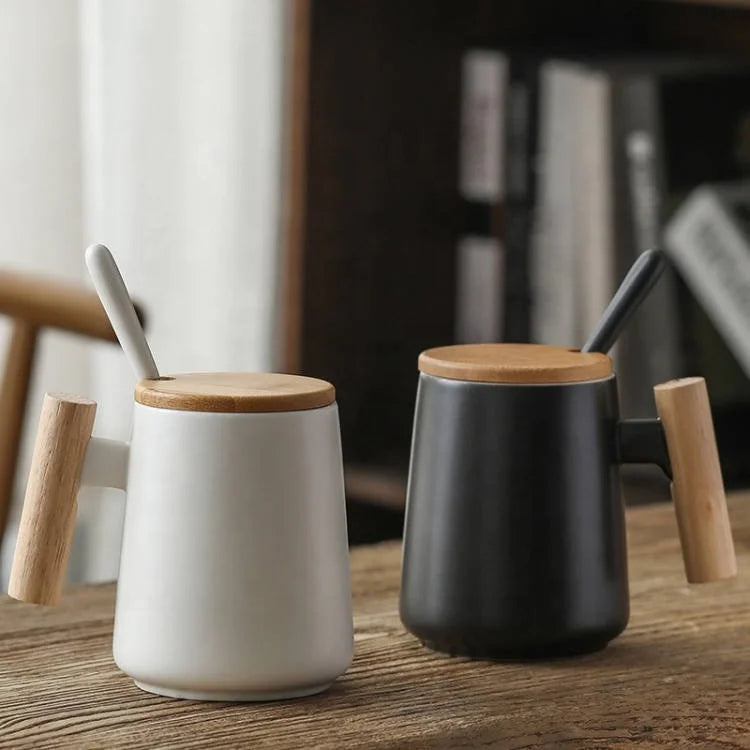 SWT Japanese Style Home Decoration Gift Box Tea Coffee Ceramic Cup Porcelain Mug  with Wooden Handle for Gift