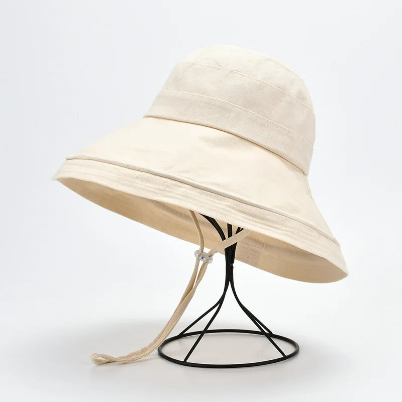 Wholesale Solid Color Wide Brim Cotton Linen Mixed Plain Summer Bucket Beach Sun Hat With Neck String for Women