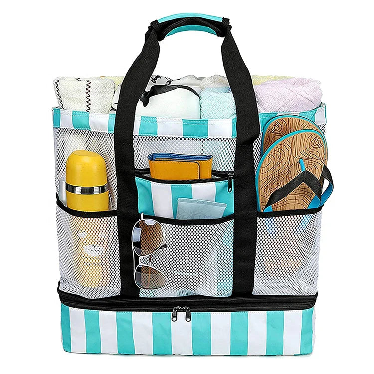 Multifunction Detachable Mesh Beach Tote Insulated Cooler Storage Bag with Bottom Compartment for Travel Picnic