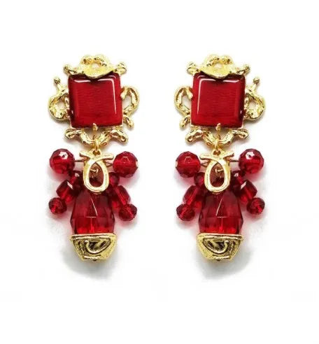 2022 Zooying Luxurious Vintage Gold Filled Resin Earring Leaf Crystal Earring Square Glass Natural Stone Earrings