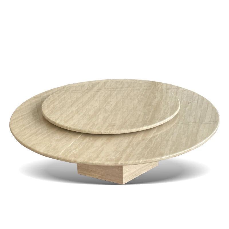 Custom Luxury Interior Room Furniture Glossy Beige Creamy White Round Marble Travertine Dining Table With Turntable