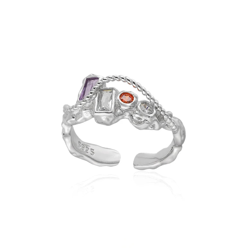 WMJT875 Wholesale Women Retro Multicolor Irregular Geometry CZ Twisted Chain 925 Sterling Silver Adjustable Ring