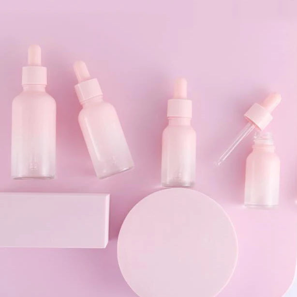 Free Samples pink Color Empty Round Face Skin Care Essential Oil Packaging 30ml Cosmetic Serum Glass Dropper Bottles