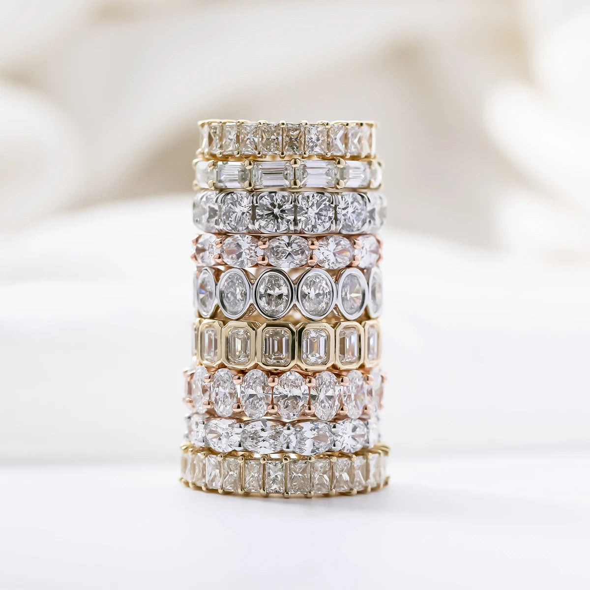 Luster Unique Wedding Eternity Band 925 Silver 14k Gold Bezel Set 3x5mm Emerald Cut Moissanite Oval Ring for Women