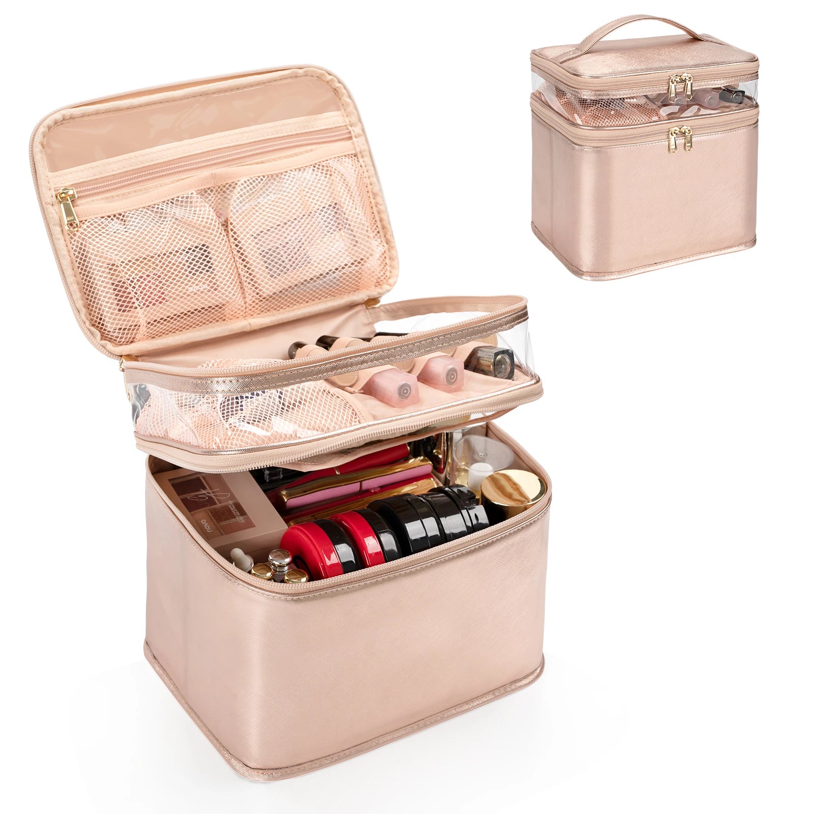 Relavel Dual Layer Makeup Bag Waterproof Hand Cosmetic Bag Vertical Storage Cosmetic Case for Women and Girls