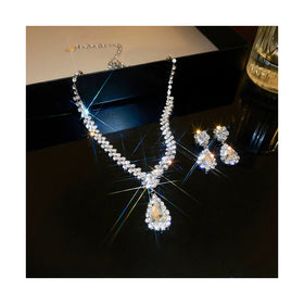 2025 Gold Color Diamond Drop V-Shaped Tassel Necklace and Earring Set Two-Piece Silver Jewelry Set