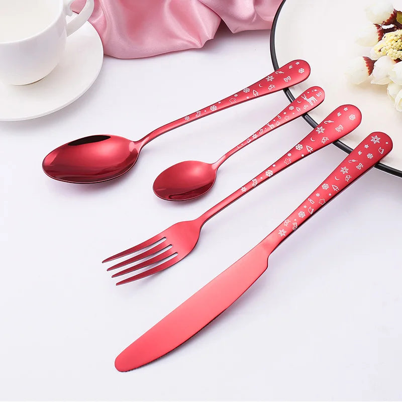 Free LOGO Christmas Reusable Cutlery Set Stainless Steel Spoon Fork Knife Creative Red Flatware Set for Christmas Gift