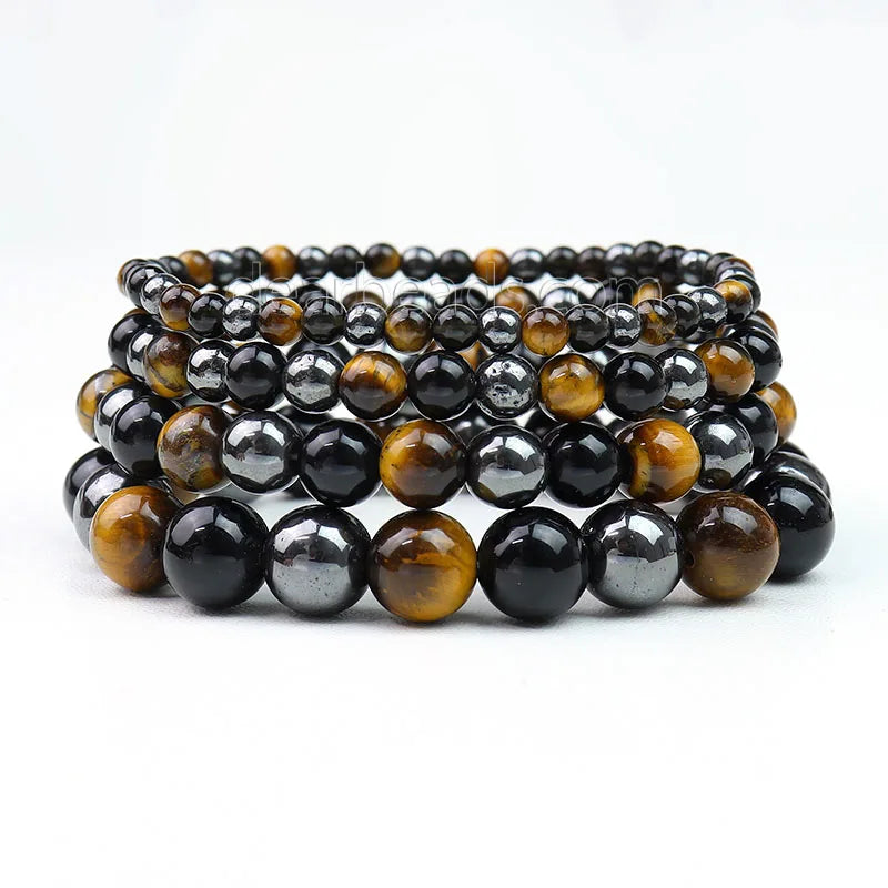 Natural Healing Triple Protection Bracelet Genuine Hematite Tiger Eye Black Obsidian Gemstoe Crystal Bracelets for Men Women