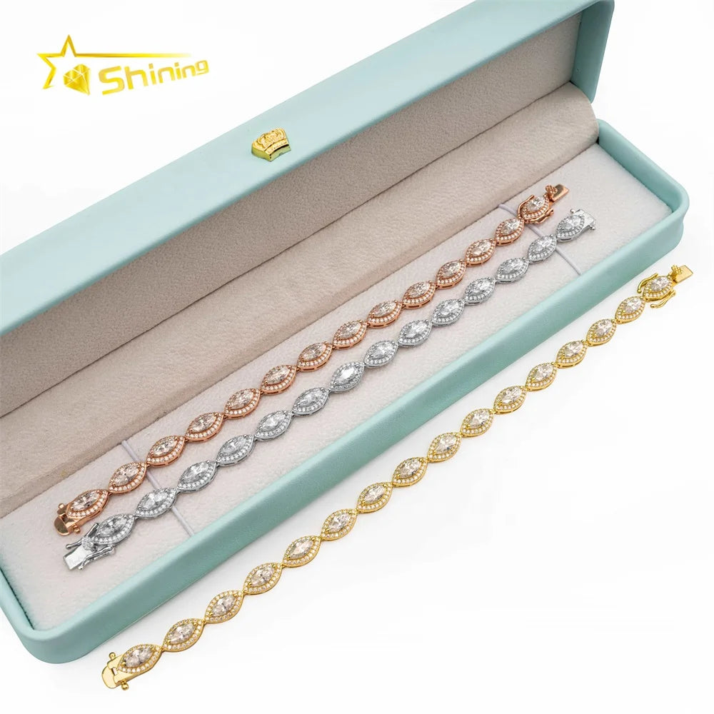 Hot Selling Luxury Iced Out Marquise Diamond Pass test Tennis Bracelet 925 Silver Moissanite Tennis Chain