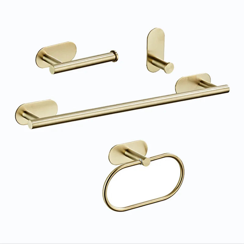 Brushed Gold Four-Piece Modern Bathroom Hardware and Accessories Set with Adhesive Installation Includes Towel Rack