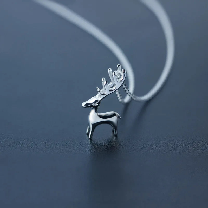Minimalist Animal Christmas Jewelry 925 Sterling Silver Cute Deer Antler Pendant Necklace for Women