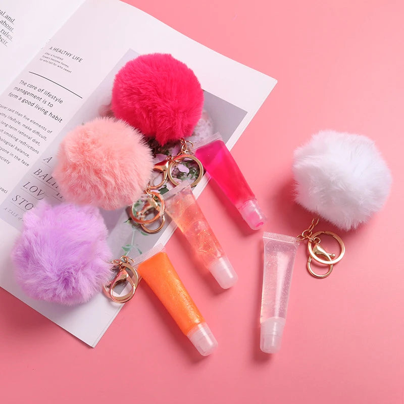 Cute Lipgloss Custom Logo Private Label Lipgloss Keychain Vegan Glitter Wholesale Natural Lip Gloss with Fur Ball