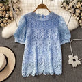 Summer New One Size Sweet Hollow Short Top Loose Design and Versatile Round Neck Lace Shirt