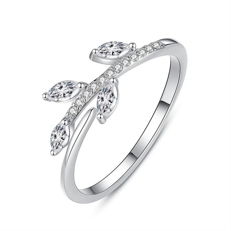 Fashion 925 Sterling Silver Branch Leaf Micro Inlay Diamond Index Finger Row Ring for Women