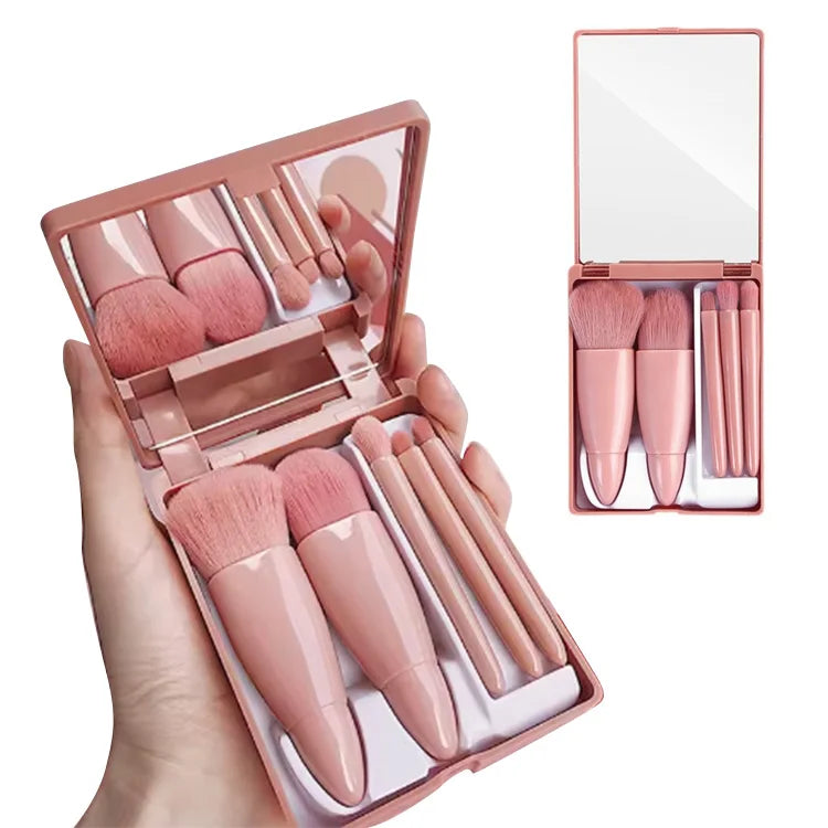 New Arrival 5-Piece Mini Travel Makeup Brush Set Portable Cosme with Mirror for Face Use Packaging Box Included