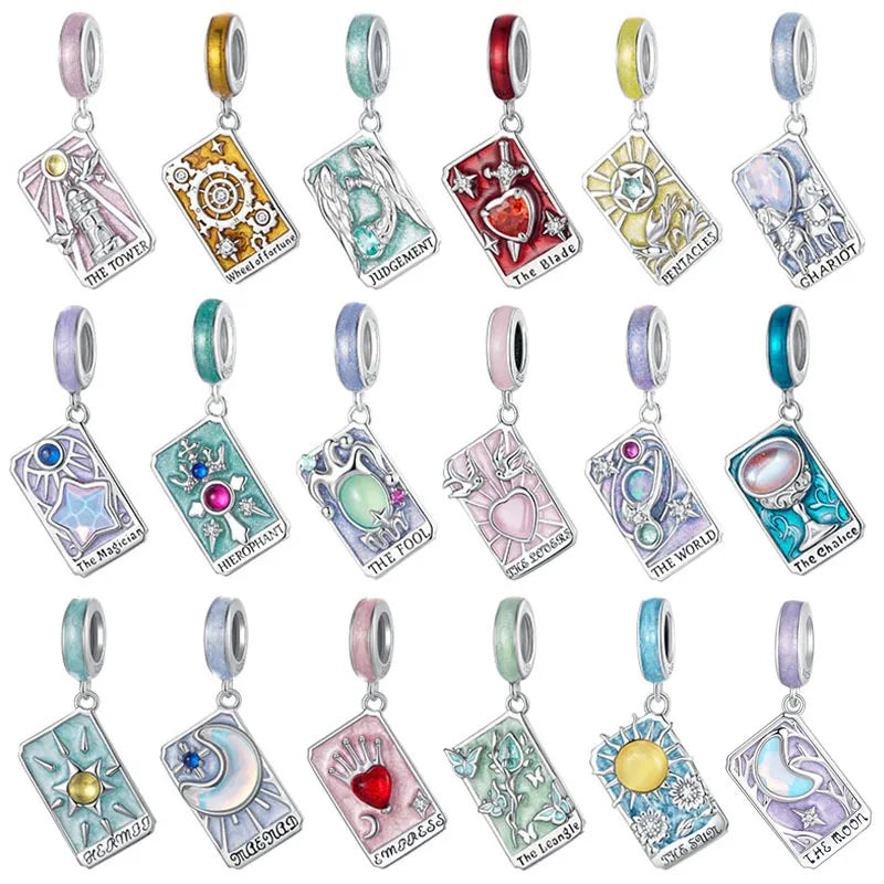 New Trendy S925 Silver Star Moon Tarot Card Design Bead Pendant Mysterious Retro Engraving Diy Charm Pendant Gifts Jewelry