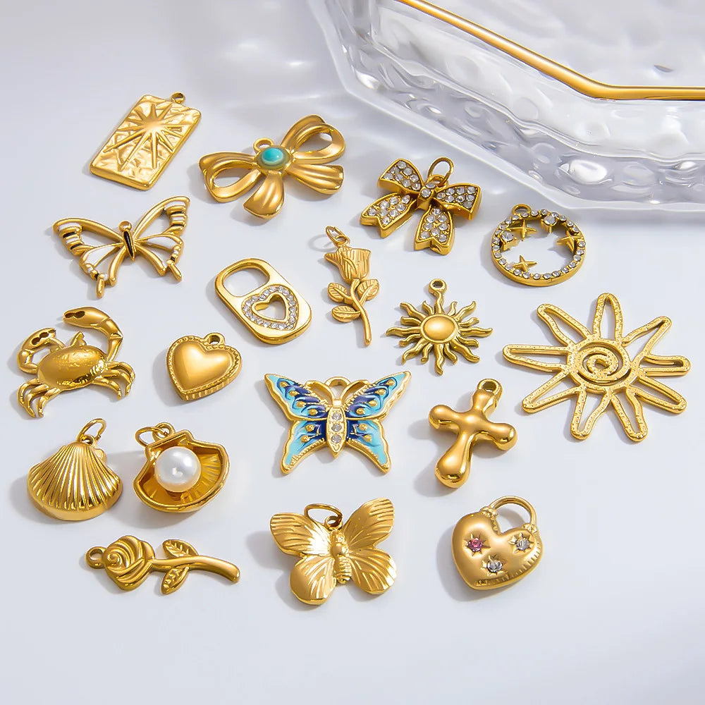 G3772 18K Gold Plated Stainless Steel DIY Jewelry Heart Pendants Accessories Butterfly Bow Flower Charms for Jewelry Making