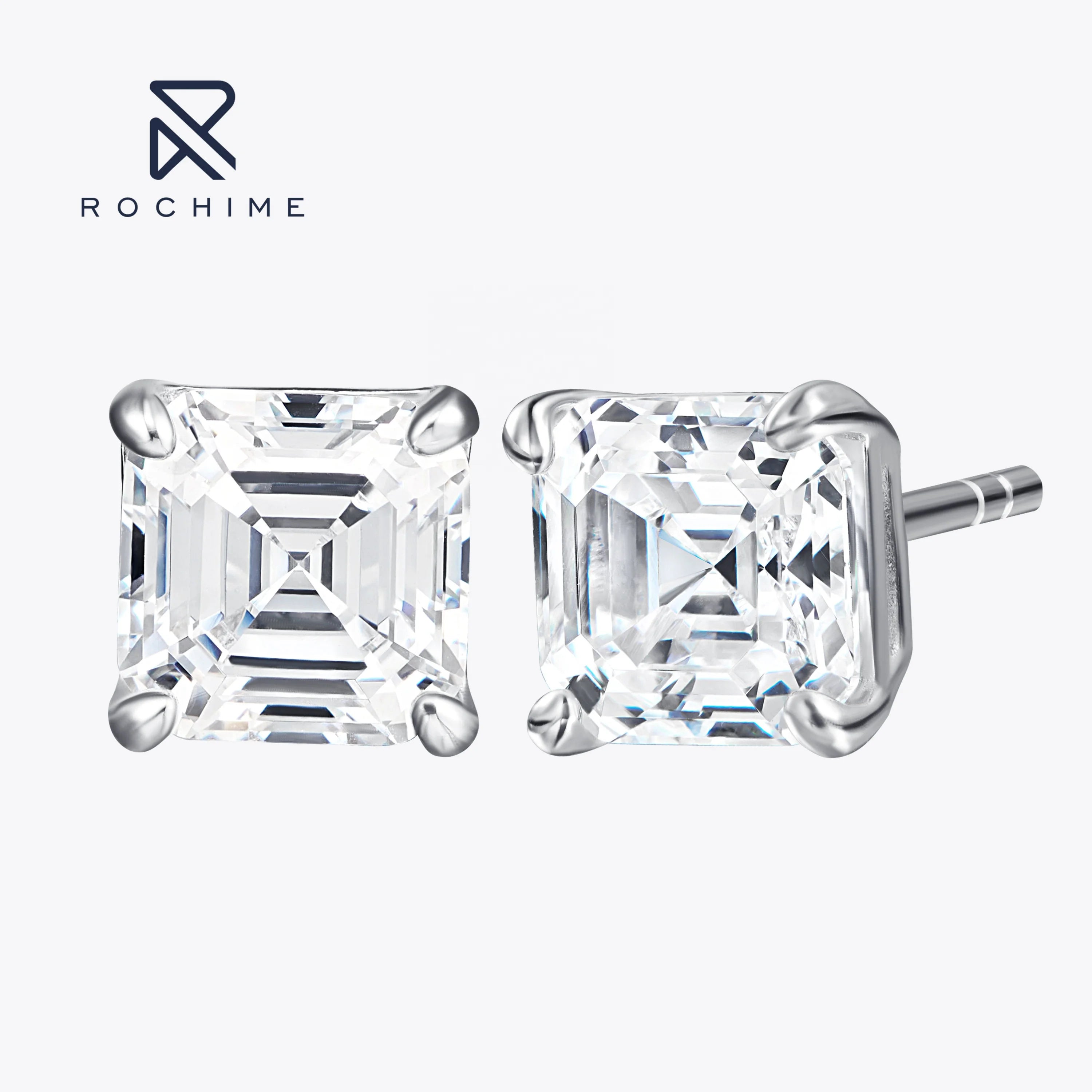 Rochime Fashion Asscher Cut  Diamond Earstuds 925 Sterling Silver Rhodium Plated  Jewelry for Women