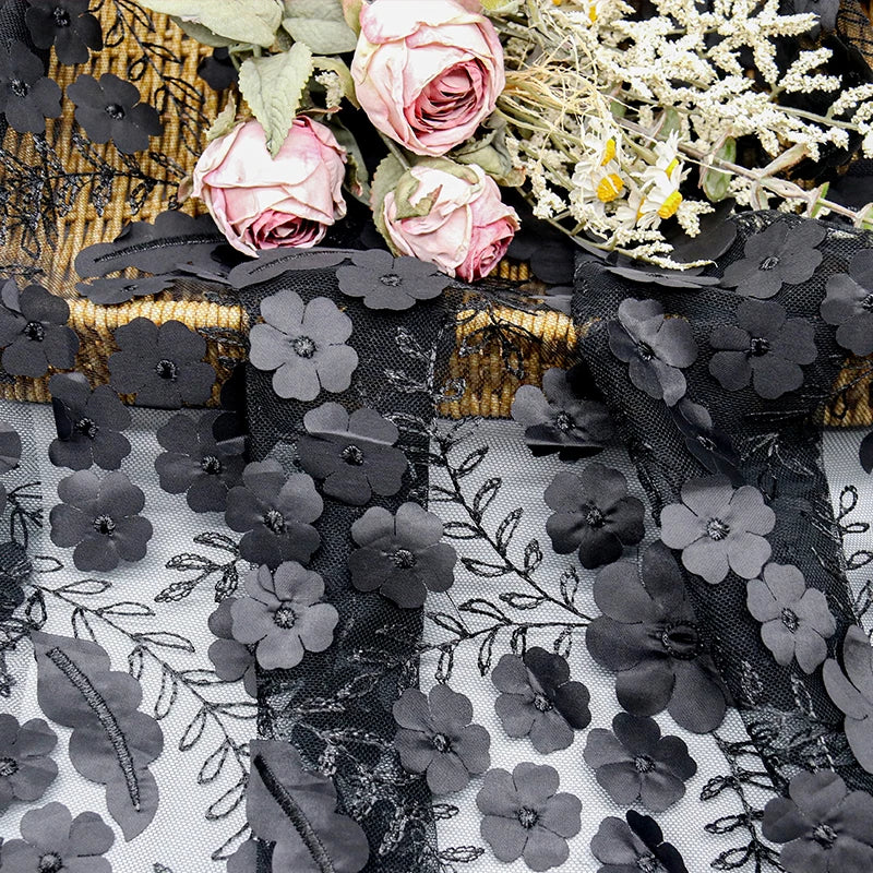 New Design Black Floral Fabric Premium 3D Floral Fabric Fabric for Garment