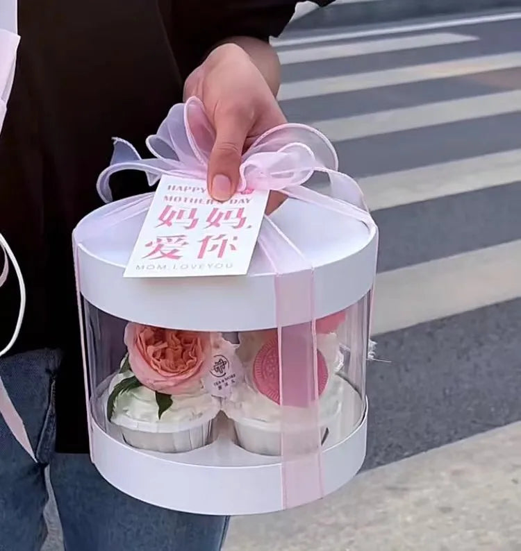 Wholesale Eco Friendly Round Bakery Packaging Luxury Transparent White Tall Wedding Favors Cake Cardboard Cupcake Box