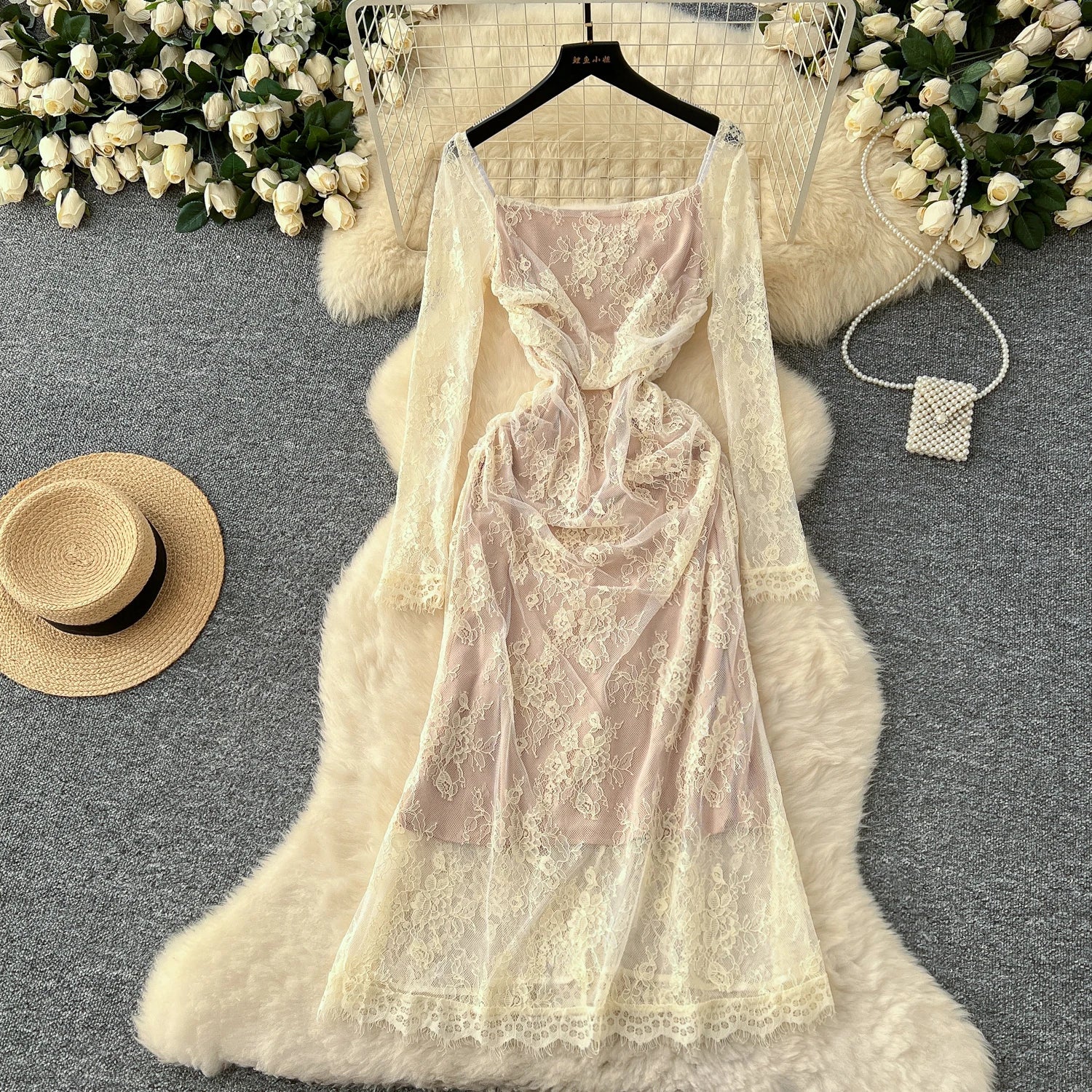 LW0586 Senior Sense Square Collar Long Sleeve Lace Dress Female Spring Slimming Temperament Banquet Evening Dress