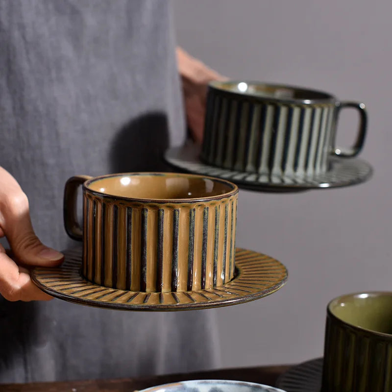 Retro Stoneware Mug Reactive Glaze Mug Tea Set Ceramic Coffee Cup with Saucer Plate Set