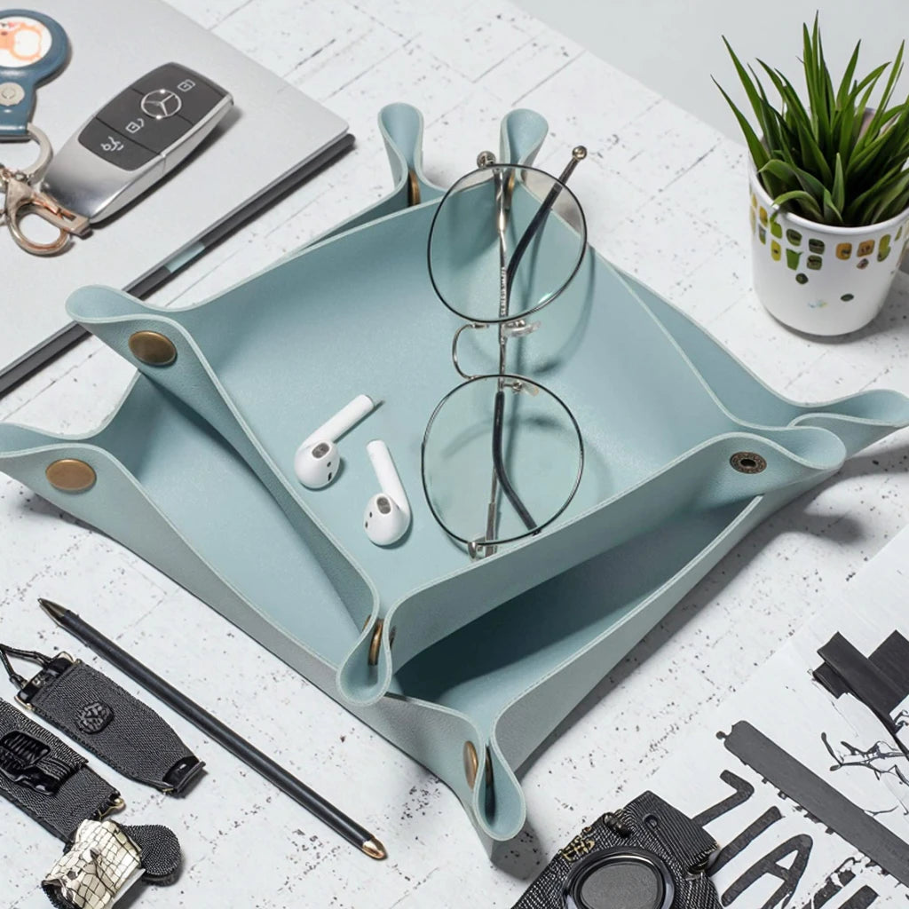PU Leather Valet Tray Catchall Organizer Soft Portable Desk Organizer for Office Home School Living Room for Jewelry Storage