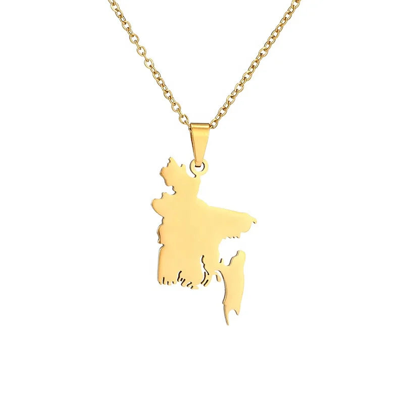 Map of Bangladesh Pendant Necklaces Gold Color for Women Girls Stainless Steel Bangladeshi Maps Ethnic Party Engagement Jewelry