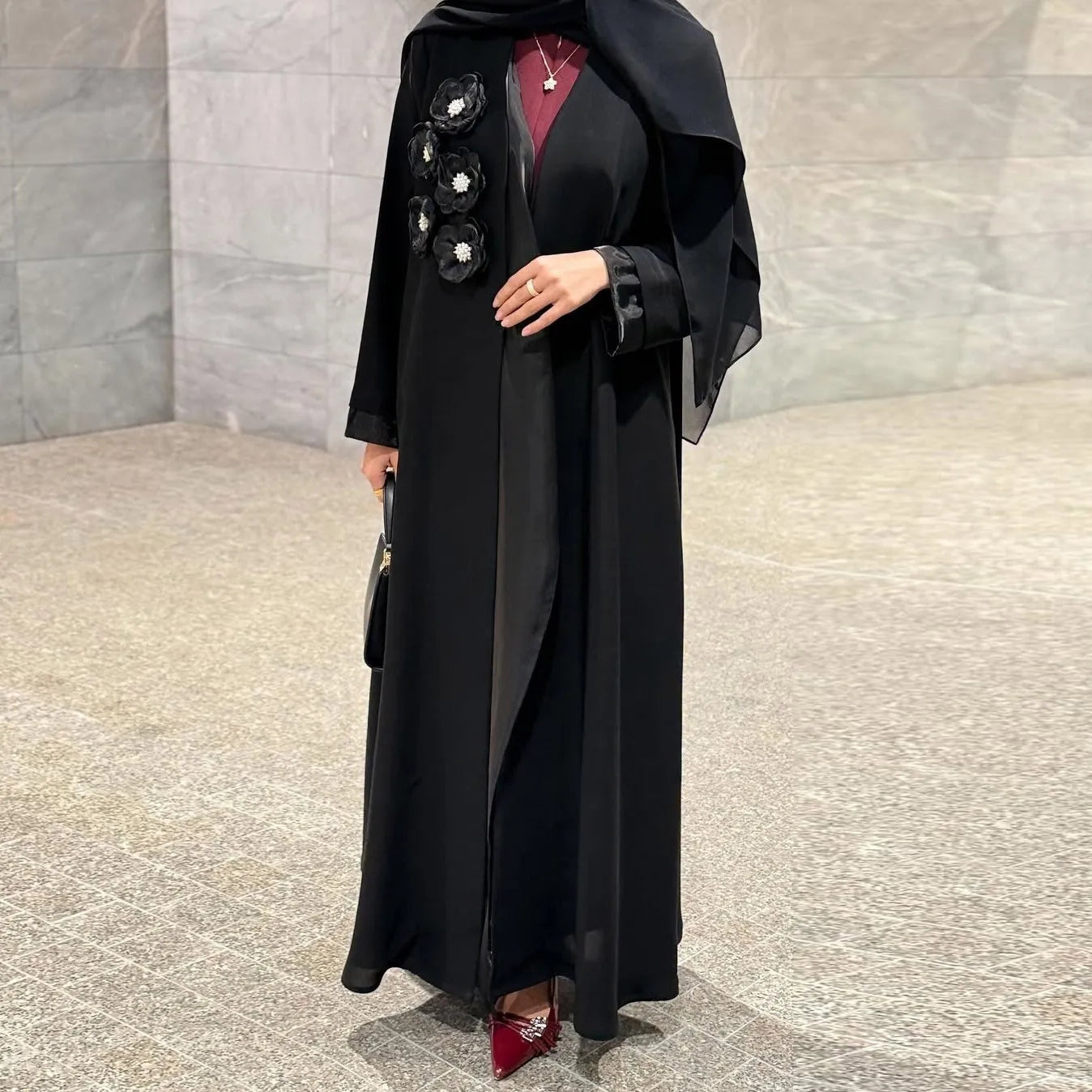 Latest Design 3D Flowers Decoration Muslim Clothes Dubai Women Open Abaya Islamic Cardigan