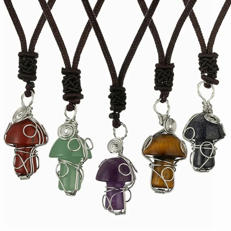 Custom Boys Girls Crystal Stone Gemstone Rope Necklace Fashion Healing Natural Stone Jewelry Mushroom Pendant Necklaces