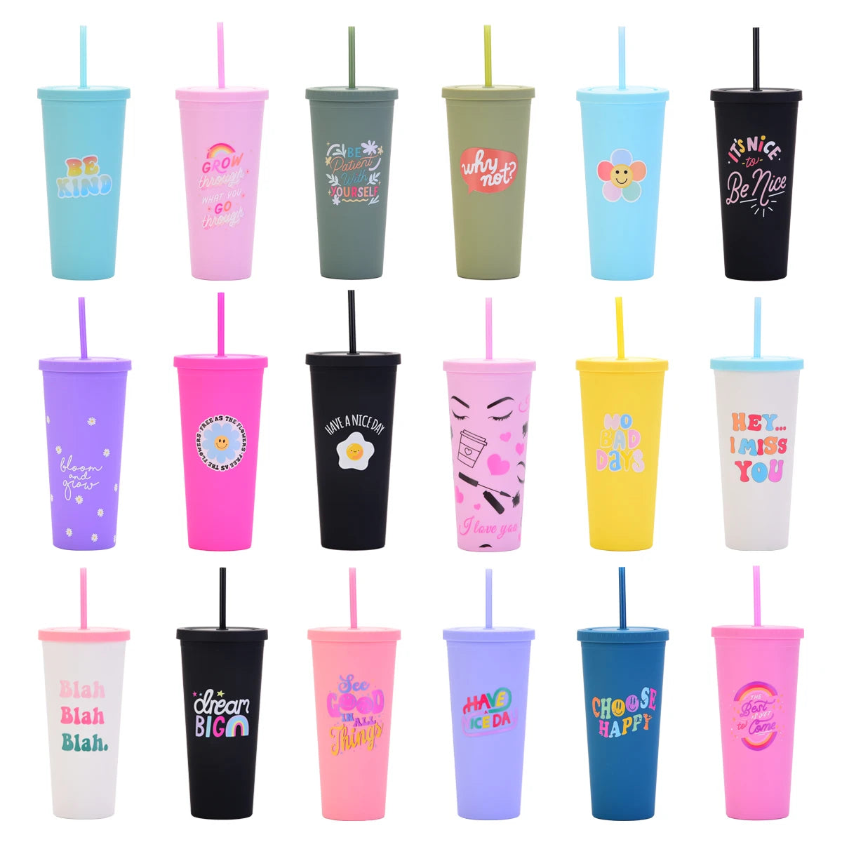 New Design Double Wall Layer Plastic Straw Lid Drinking Water Tumbler Cup UV Logo and Acceptable Logo Color Customized