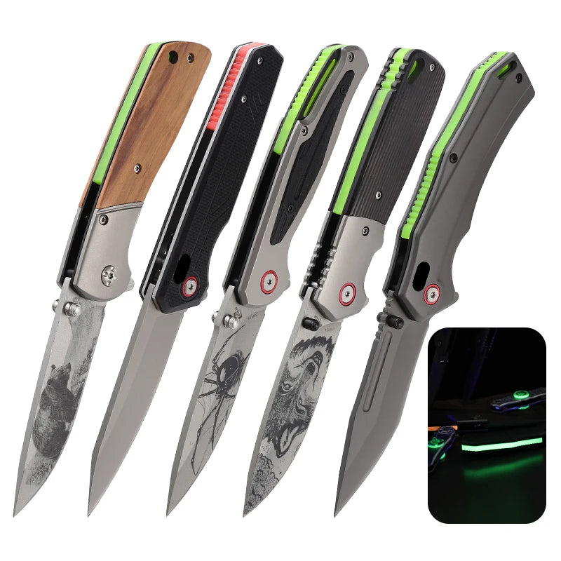 2025 New Design Glow in the Dark Pocket Knife Naturally Brightening Wood Handle Camping Outdoor Hunting Luminous Folding Knife