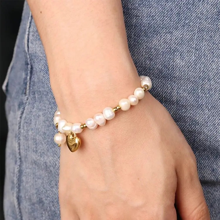 Chris April High Quality Waterproof Woman Bangle Custom Luxury Stainless Steel love Beaded Charm Heart Bracelet Pearl Jewelry