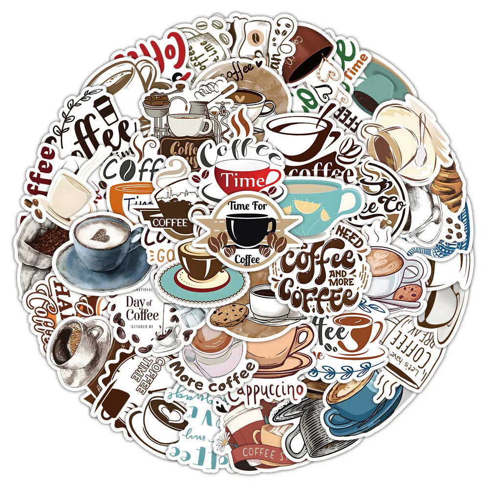 50PCS Cute Happy Tea Time Decals Cafe Art Cartoon Coffee Quotes Sticker